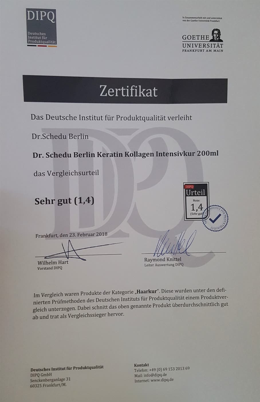 Product quality award documentation